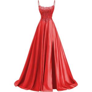image:imagehomdor Beaded Satin Prom Dresses 2026 A Line Formal Dresses for Women Lace Applique Corset Evening GownRed