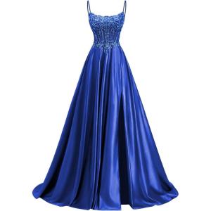 image:imagehomdor Beaded Satin Prom Dresses 2026 A Line Formal Dresses for Women Lace Applique Corset Evening GownRoyal Blue