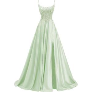 image:imagehomdor Beaded Satin Prom Dresses 2026 A Line Formal Dresses for Women Lace Applique Corset Evening GownSage Green