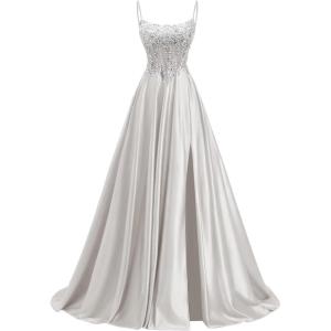 image:imagehomdor Beaded Satin Prom Dresses 2026 A Line Formal Dresses for Women Lace Applique Corset Evening GownSilver