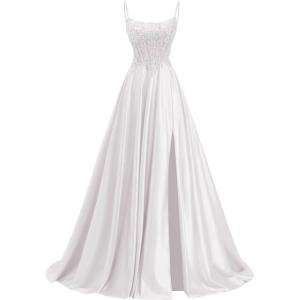 image:imagehomdor Beaded Satin Prom Dresses 2026 A Line Formal Dresses for Women Lace Applique Corset Evening GownWhite