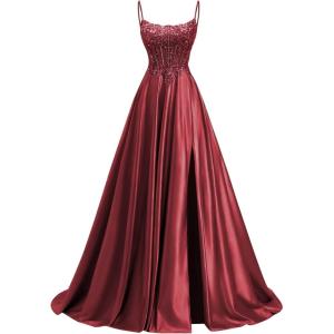 image:imagehomdor Beaded Satin Prom Dresses 2026 A Line Formal Dresses for Women Lace Applique Corset Evening GownWine Red