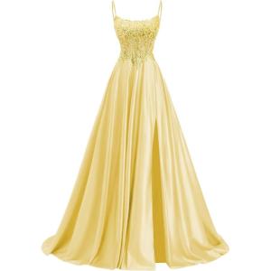 image:imagehomdor Beaded Satin Prom Dresses 2026 A Line Formal Dresses for Women Lace Applique Corset Evening GownYellow