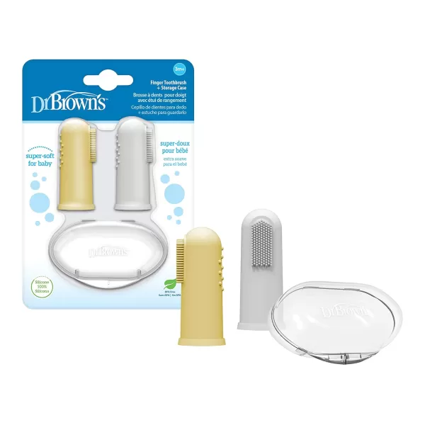 Dr. Brown's 100% Silicone Baby Finger Toothbrush and Toothpaste Set, 2-Pack Toothbrush with Storage Case, Fluoride-Free Strawberry Toddler Toothpaste, Gray &amp; Yellow