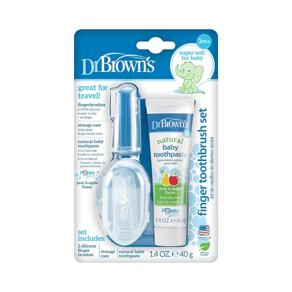 Dr. Brown's 100% Silicone Baby Finger Toothbrush and Toothpaste Set, 2-Pack Toothbrush with Storage Case, Fluoride-Free Strawberry Toddler Toothpaste, Gray &amp; Yellow