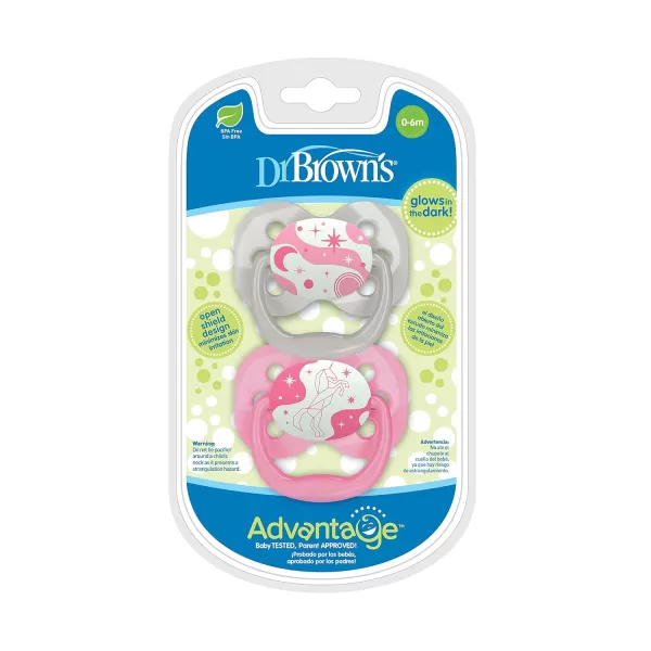 Dr. Brown's Advantage Glow-in-the-Dark Pacifier, 100% Silicone Baby Paci Symmetrical Soother, 0-6m, BPA free, Blue, 4 Pack