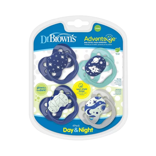 Dr. Brown's Advantage Glow-in-the-Dark Pacifier, 100% Silicone Baby Paci Symmetrical Soother, 0-6m, BPA free, Blue, 4 Pack