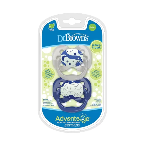 Dr. Brown's Advantage Glow-in-the-Dark Pacifier, 100% Silicone Baby Paci Symmetrical Soother, 0-6m, BPA free, Blue, 4 Pack