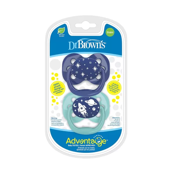 Dr. Brown's Advantage Glow-in-the-Dark Pacifier, 100% Silicone Baby Paci Symmetrical Soother, 0-6m, BPA free, Blue, 4 Pack