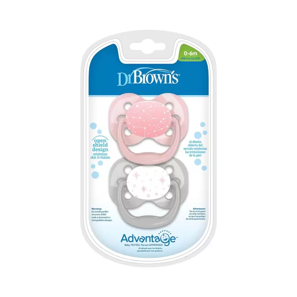 Dr. Brown's Advantage Glow-in-the-Dark Pacifier, 100% Silicone Baby Paci Symmetrical Soother, 0-6m, BPA free, Blue, 4 Pack