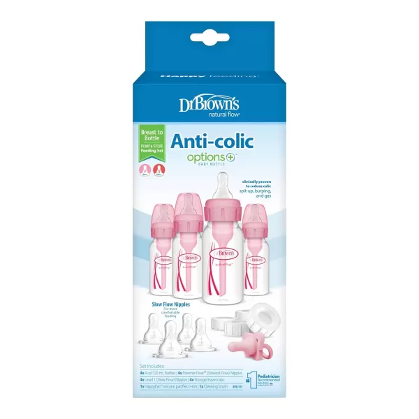 Dr. Brown's Anti-Colic Baby Feeding Set with Slow Flow Nipples, Travel Caps, Silicone Pacifier - Pink