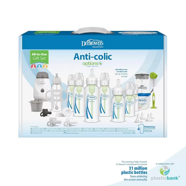 Dr. Brown's Anti-Colic Options+ Newborn Essentials Gift Set with 4oz and 8oz Baby Bottles, Baby Bottle Brush and HappyPaci