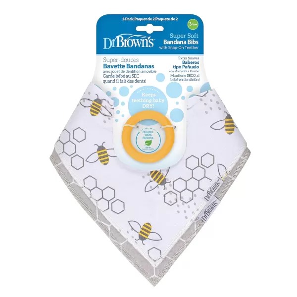 Dr. Brown’s Bandana Bib with Snap-On Removable Teether, Cotton Baby Bib with Soft Fleece Lining for Teething &amp; Drooling, 3m+, 2-Pack, Bees &amp; Gray Honeycomb