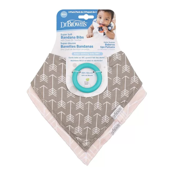 Dr. Brown’s Bandana Bib with Snap-On Removable Teether, Cotton Baby Bib with Soft Fleece Lining for Teething &amp; Drooling, 3m+, 2-Pack, Bees &amp; Gray Honeycomb