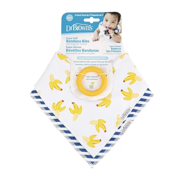 Dr. Brown’s Bandana Bib with Snap-On Removable Teether, Cotton Baby Bib with Soft Fleece Lining for Teething &amp; Drooling, 3m+, 2-Pack, Bees &amp; Gray Honeycomb