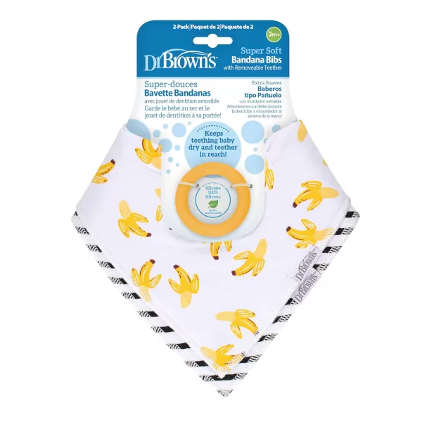 Dr. Brown’s Bandana Bib with Snap-On Removable Teether, Cotton Baby Bib with Soft Fleece Lining for Teething &amp; Drooling, 3m+, 2-Pack, Bees &amp; Gray Honeycomb