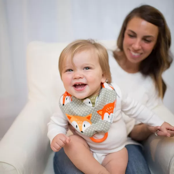 Dr. Brown’s Bandana Bib with Snap-On Removable Teether, Cotton Baby Bib with Soft Fleece Lining for Teething &amp; Drooling, 3m+, 2-Pack, Bees &amp; Gray Honeycomb