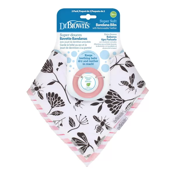 Dr. Brown’s Bandana Bib with Snap-On Removable Teether, Cotton Baby Bib with Soft Fleece Lining for Teething &amp; Drooling, 3m+, 2-Pack, Bees &amp; Gray Honeycomb