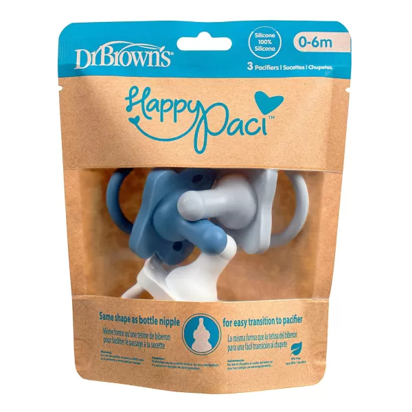 Dr. Brown's HappyPaci 100% Silicone Pacifier 0-6m, BPA Free, Cool Gray, Green, Ecru,3 Count