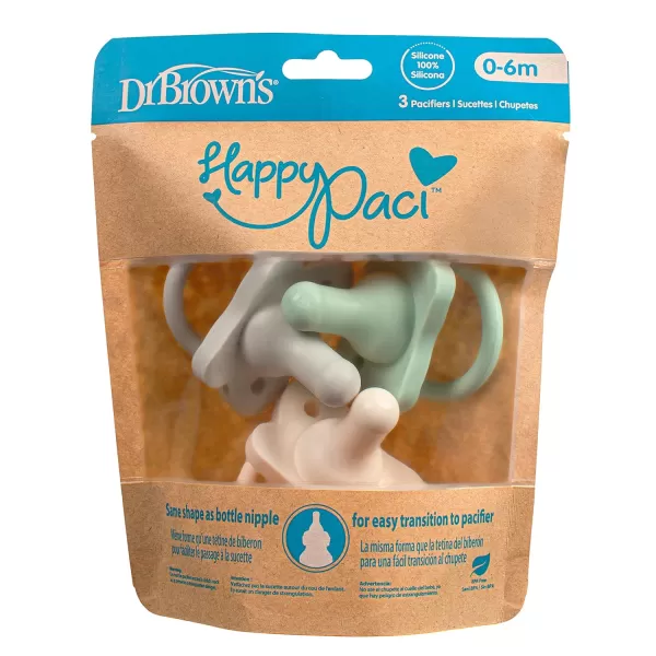 Dr. Brown's HappyPaci 100% Silicone Pacifier 0-6m, BPA Free, Cool Gray, Green, Ecru,3 Count