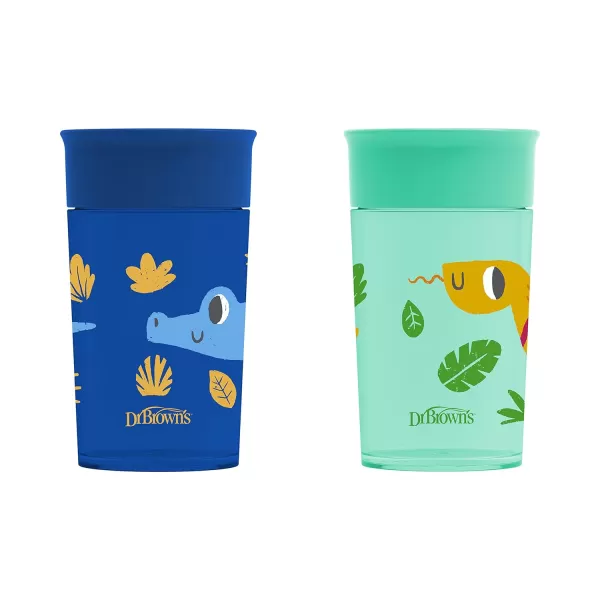 Dr. Brown’s Milestones Cheers 360 Cup Spoutless Transition Cup with Handles for Easy Grip and Leak-Free Learning, Blue Safari, 7 oz/200 mL