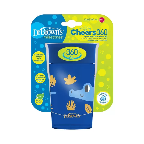 Dr. Brown’s Milestones Cheers 360 Cup Spoutless Transition Cup with Handles for Easy Grip and Leak-Free Learning, Blue Safari, 7 oz/200 mL