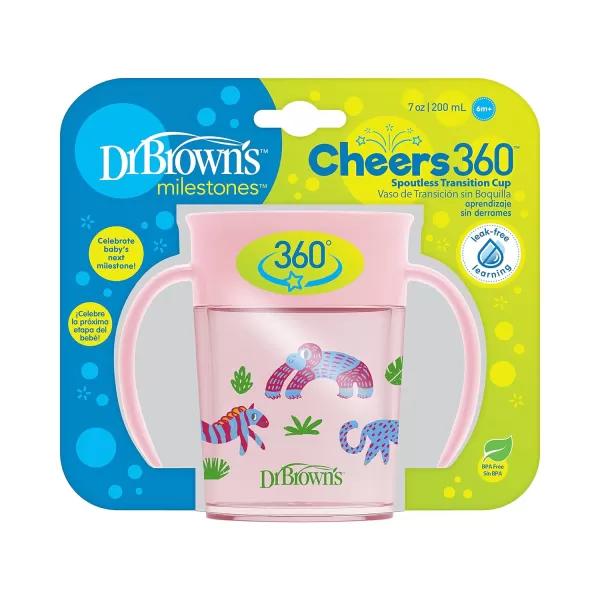 Dr. Brown’s Milestones Cheers 360 Cup Spoutless Transition Cup with Handles for Easy Grip and Leak-Free Learning, Blue Safari, 7 oz/200 mL