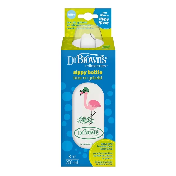 Dr. Brown's Milestones Narrow Sippy Bottle, 100% Silicone Soft Sippy Spout, 8oz/250mL, Flamingo, 6m+