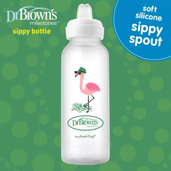 Dr. Brown's Milestones Narrow Sippy Bottle, 100% Silicone Soft Sippy Spout, 8oz/250mL, Flamingo, 6m+