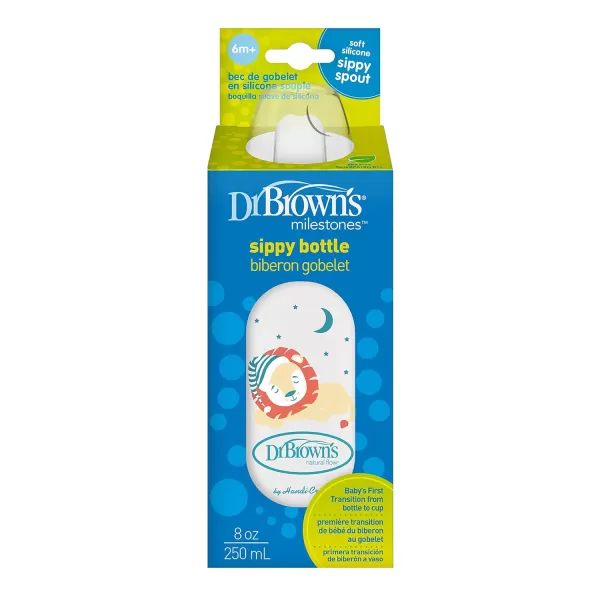 Dr. Brown's Milestones Narrow Sippy Bottle, 100% Silicone Soft Sippy Spout, 8oz/250mL, Flamingo, 6m+