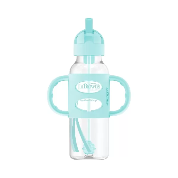 Dr. Brown's Milestones Narrow Sippy Straw Bottle, Spill-Proof with 100% Silicone Handles and Weighted Straw, 8 oz/250 mL, Green, 6m+