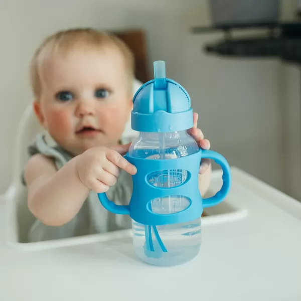 Dr. Brown's Milestones Wide-Neck Sippy Straw Bottle with 100% Silicone Handles and Weighted Straw, 9 oz/270 mL, Blue, 6m+