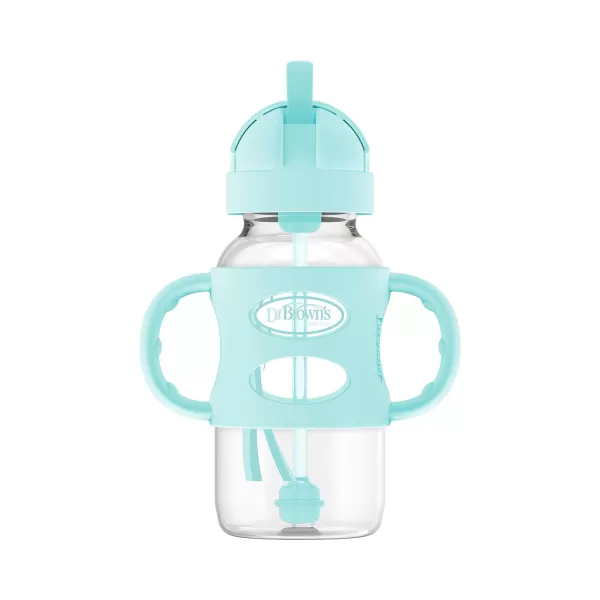 Dr. Brown's Milestones Wide-Neck Sippy Straw Bottle with 100% Silicone Handles and Weighted Straw, 9 oz/270 mL, Blue, 6m+