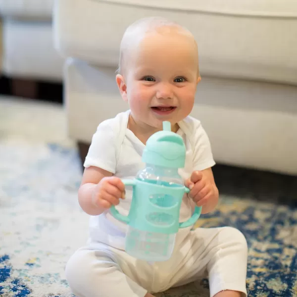 Dr. Brown's Milestones Wide-Neck Sippy Straw Bottle with 100% Silicone Handles and Weighted Straw, 9 oz/270 mL, Blue, 6m+