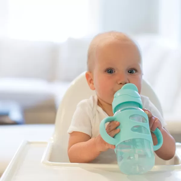 Dr. Brown's Milestones Wide-Neck Sippy Straw Bottle with 100% Silicone Handles and Weighted Straw, 9 oz/270 mL, Blue, 6m+