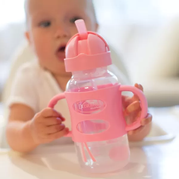 Dr. Brown's Milestones Wide-Neck Sippy Straw Bottle with 100% Silicone Handles and Weighted Straw, 9 oz/270 mL, Blue, 6m+