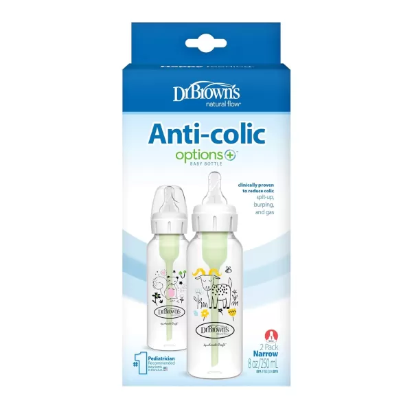 Dr. Brown's Natural Flow Anti-Colic Options+ Narrow Baby Bottle, Squirrel &amp; Goat, 8 oz/250 mL, with Level 1 Slow Flow Nipple, BPA Free, 0m+, 2-Pack