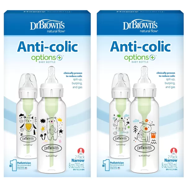 Dr. Brown's Natural Flow Anti-Colic Options+ Narrow Baby Bottle, Squirrel &amp; Goat, 8 oz/250 mL, with Level 1 Slow Flow Nipple, BPA Free, 0m+, 2-Pack