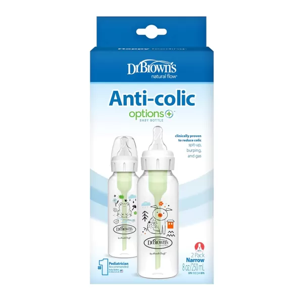 Dr. Brown's Natural Flow Anti-Colic Options+ Narrow Baby Bottle, Squirrel &amp; Goat, 8 oz/250 mL, with Level 1 Slow Flow Nipple, BPA Free, 0m+, 2-Pack