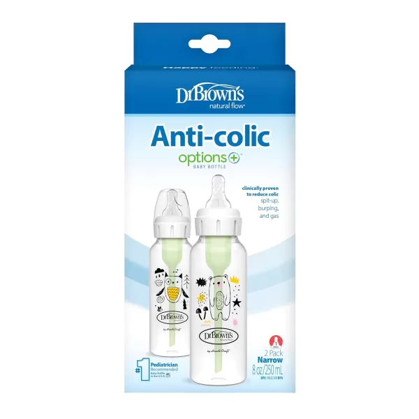 Dr. Brown's Natural Flow Anti-Colic Options+ Narrow Baby Bottle, Squirrel &amp; Goat, 8 oz/250 mL, with Level 1 Slow Flow Nipple, BPA Free, 0m+, 2-Pack