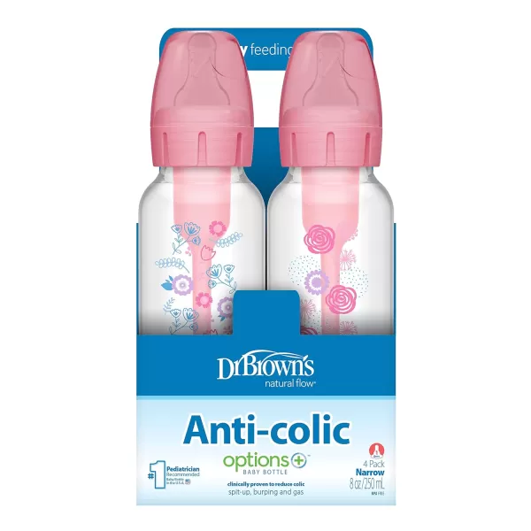 Dr. Brown's Natural Flow Anti-Colic Options+ Narrow Baby Bottles 8 oz/250 mL, with Level 1 Slow Flow Nipple, 4 Pack, Dream Adventure, 0m+