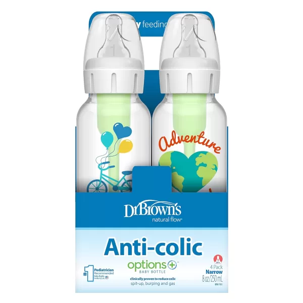 Dr. Brown's Natural Flow Anti-Colic Options+ Narrow Baby Bottles 8 oz/250 mL, with Level 1 Slow Flow Nipple, 4 Pack, Dream Adventure, 0m+