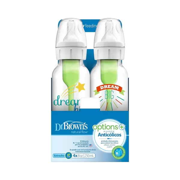 Dr. Brown's Natural Flow Anti-Colic Options+ Narrow Baby Bottles 8 oz/250 mL, with Level 1 Slow Flow Nipple, 4 Pack, Dream Adventure, 0m+