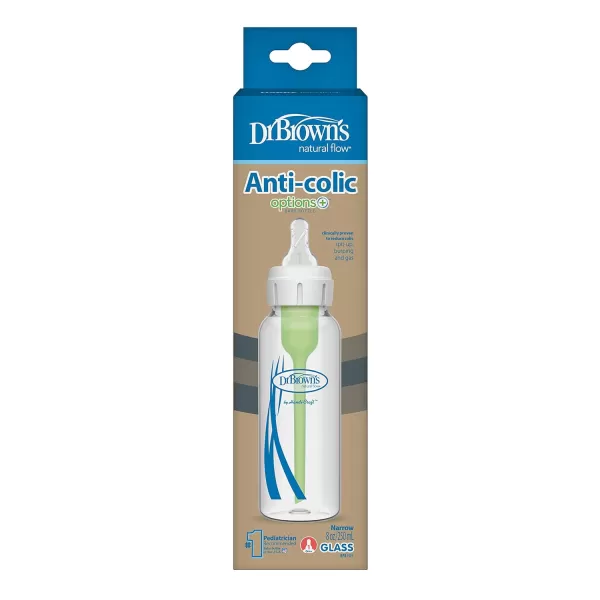 Dr. Brown's Natural Flow Anti-Colic Options+ Narrow Glass Baby Bottle 8 oz/250 mL, with Level 1 Slow Flow Nipple, 2 Pack, 0m+