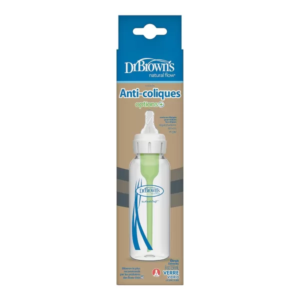 Dr. Brown's Natural Flow Anti-Colic Options+ Narrow Glass Baby Bottle 8 oz/250 mL, with Level 1 Slow Flow Nipple, 2 Pack, 0m+