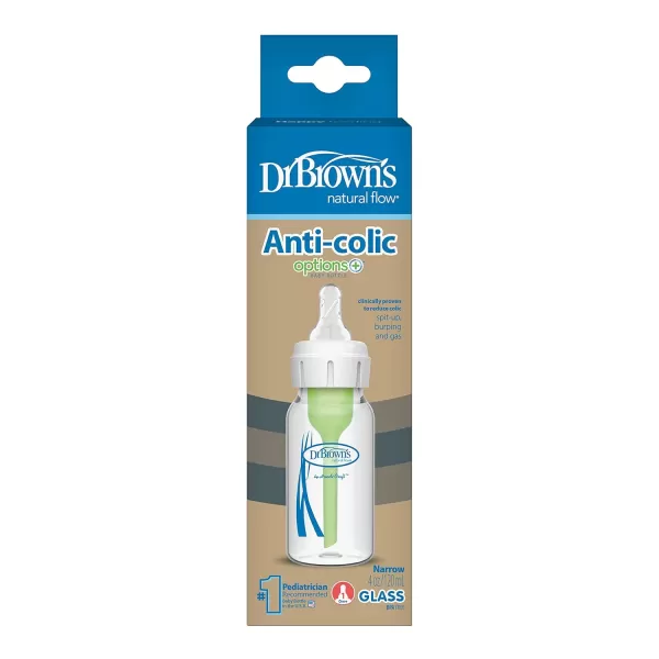 Dr. Brown's Natural Flow Anti-Colic Options+ Narrow Glass Baby Bottle 8 oz/250 mL, with Level 1 Slow Flow Nipple, 2 Pack, 0m+