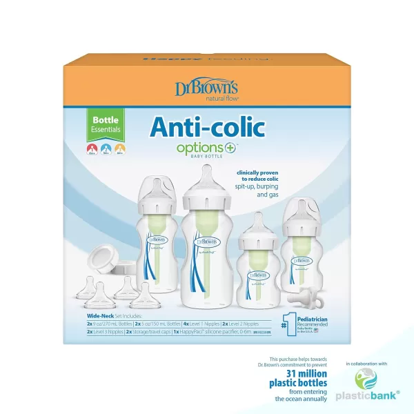 Dr. Brown's Natural Flow Anti-Colic Options+ Wide-Neck Baby Bottle Newborn Feeding Set with Baby Bottle Travel Caps