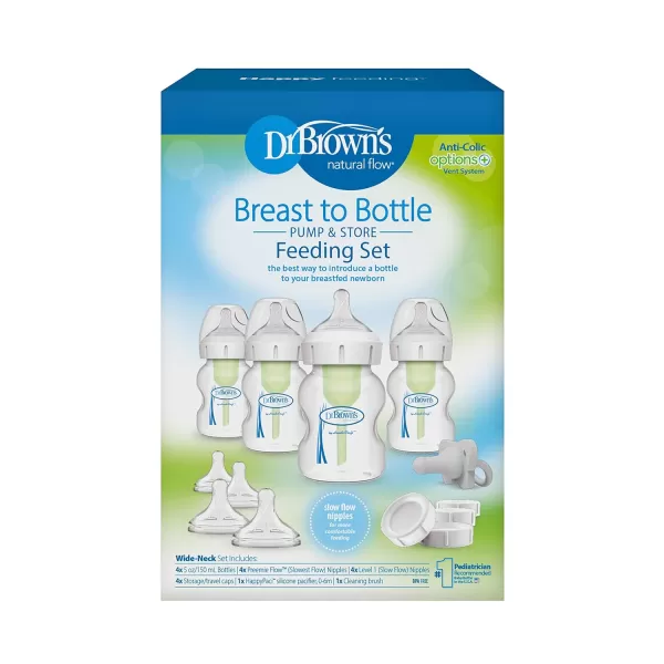 Dr. Brown's Natural Flow Anti-Colic Options+ Wide-Neck Baby Bottle Newborn Feeding Set with Baby Bottle Travel Caps