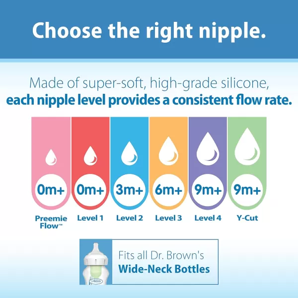 Dr. Brown's Natural Flow Level 2 Wide-Neck Baby Bottle Silicone Nipple, Medium Flow, 3m+, 100% Silicone Bottle Nipple, 6 Pack