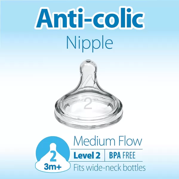 Dr. Brown's Natural Flow Level 2 Wide-Neck Baby Bottle Silicone Nipple, Medium Flow, 3m+, 100% Silicone Bottle Nipple, 6 Pack